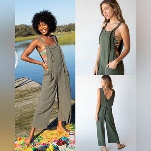 Natural Life Carly Slouchy Linen Blend Wide Leg Sleeveless Jumpsuit M Green Boho